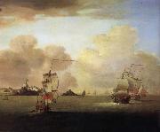 British men-o-war and a merchantman off Elizabeth Castle,Jersey, Monamy, Peter
